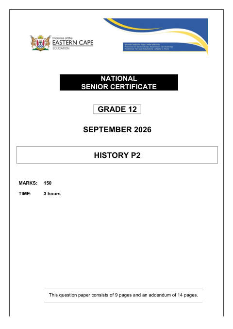 History Grade 12 DBE Caps September 2026 Paper 2 - Question Paper (Eastern Cape)