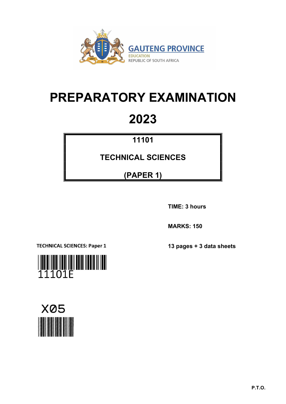 Technical Sciences Paper 1 (Gauteng) Preparatory 2023 Grade 12 DBE