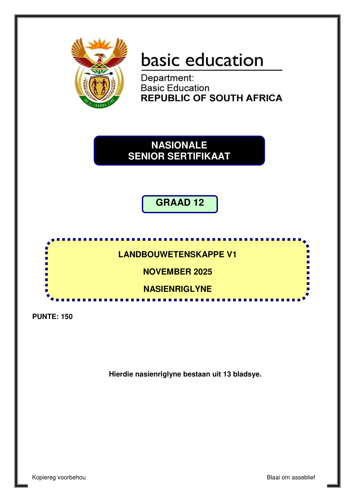 Agricultural Sciences Grade 12 DBE NSC November 2025 Paper 1 - Memo (Eastern Cape)