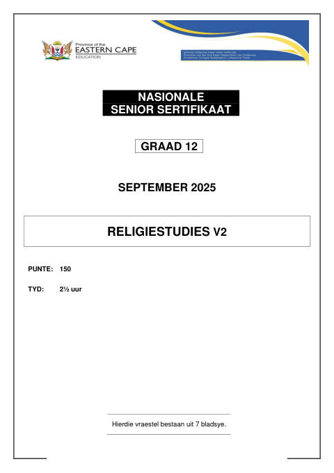 Religion Studies Grade 12 DBE Caps September 2025 Paper 2 - Question Paper (Eastern Cape)