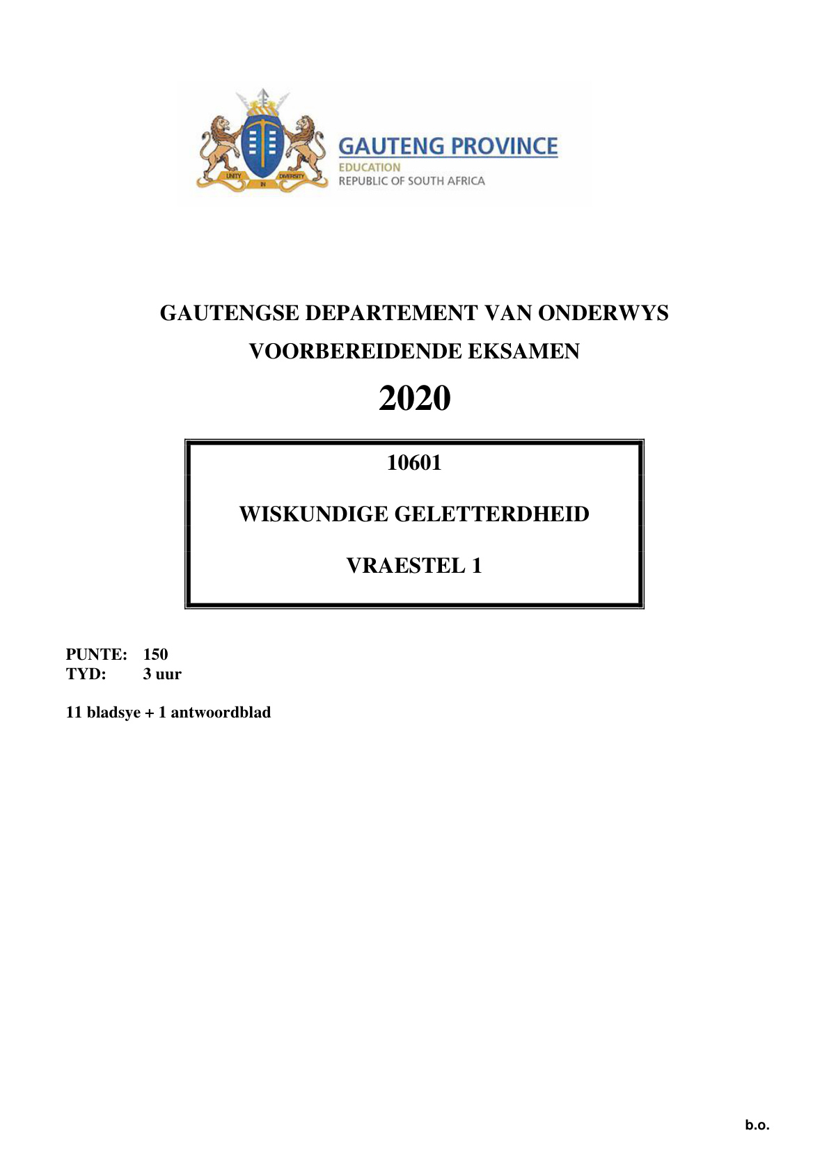Mathematical Literacy Paper 1 (Gauteng) Preparatory 2020 Grade 12 DBE