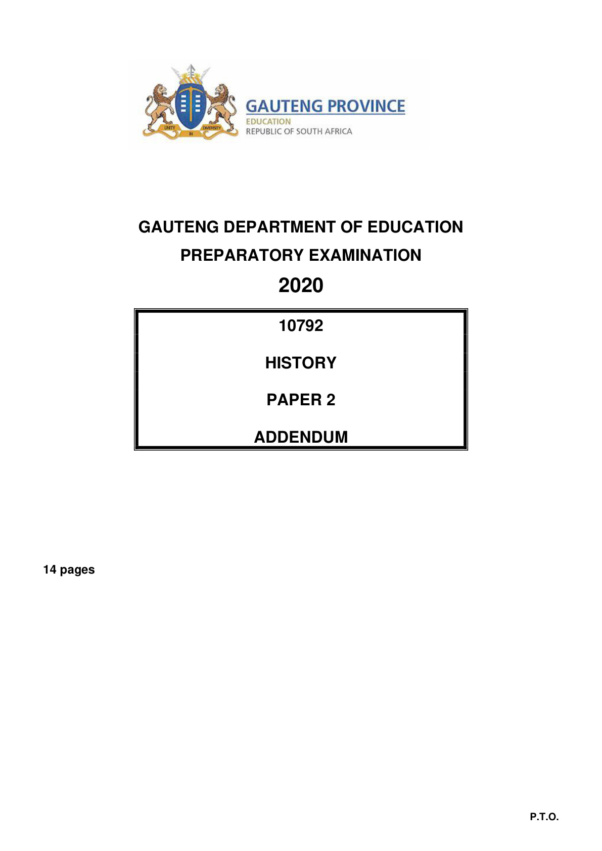 History Paper 2 Addendum (Gauteng) Preparatory 2020 Grade 12 DBE
