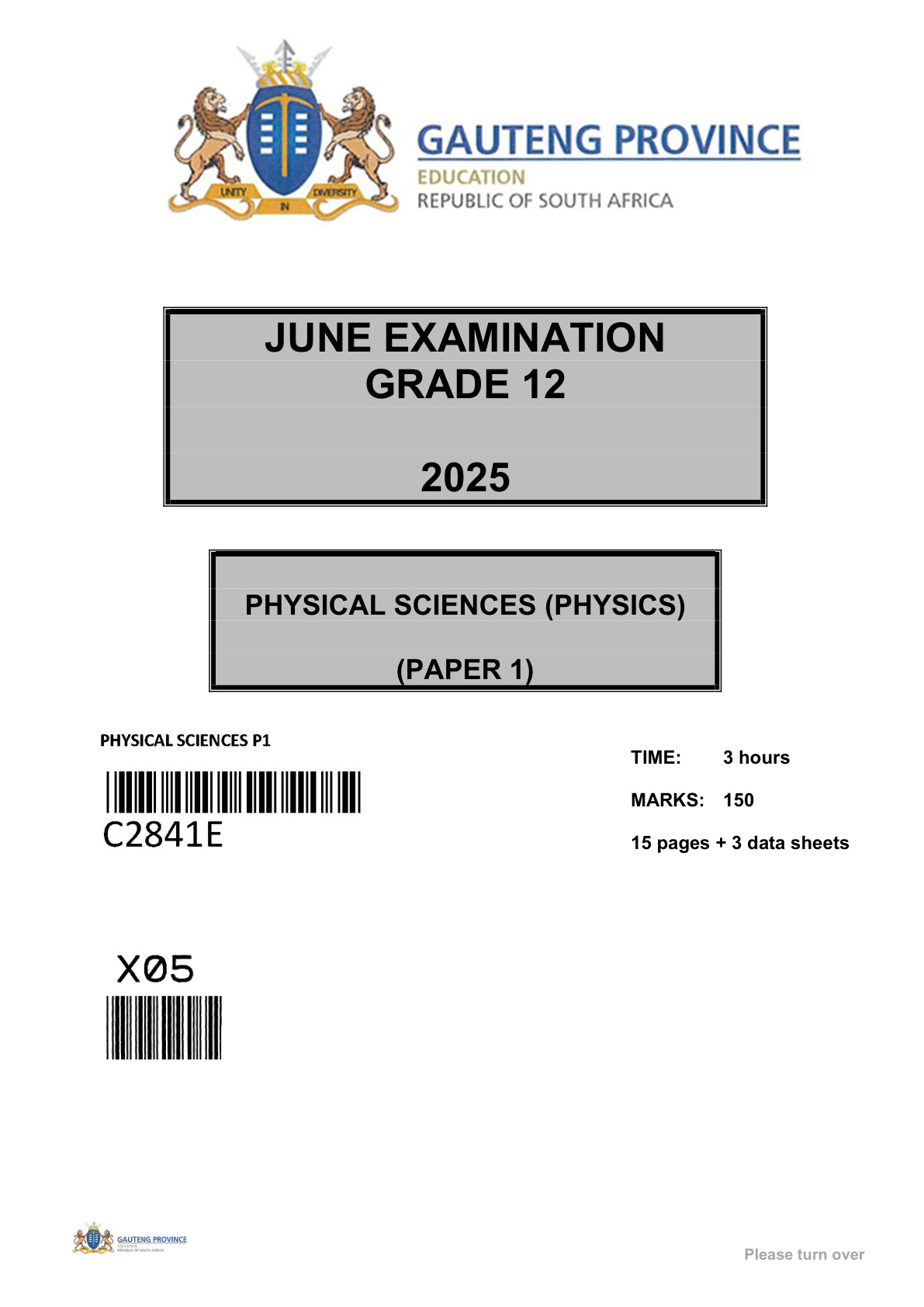 Physical Sciences Paper 1 (Gauteng) June 2025 Grade 12 DBE