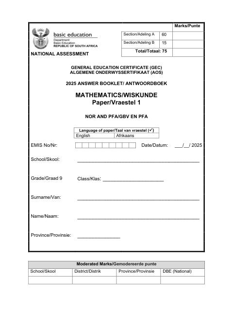 Mathematics Grade 9 DBE Caps Gec 2025 Paper 1 - Answer Book (Eastern Cape)