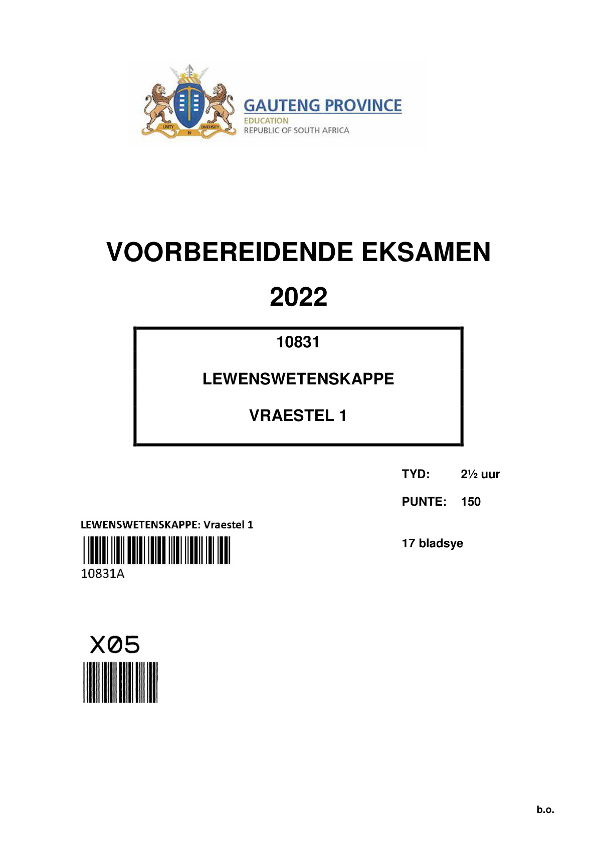 Life Sciences Paper 1 (Gauteng) Preparatory 2022 Grade 12 DBE