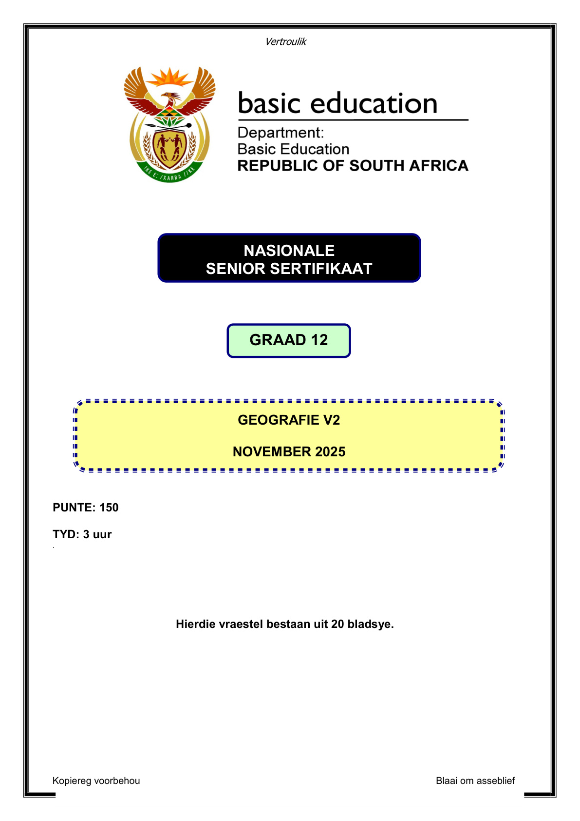 Geography Grade 12 DBE NSC November 2025 Paper 2 - Question Paper (Eastern Cape)