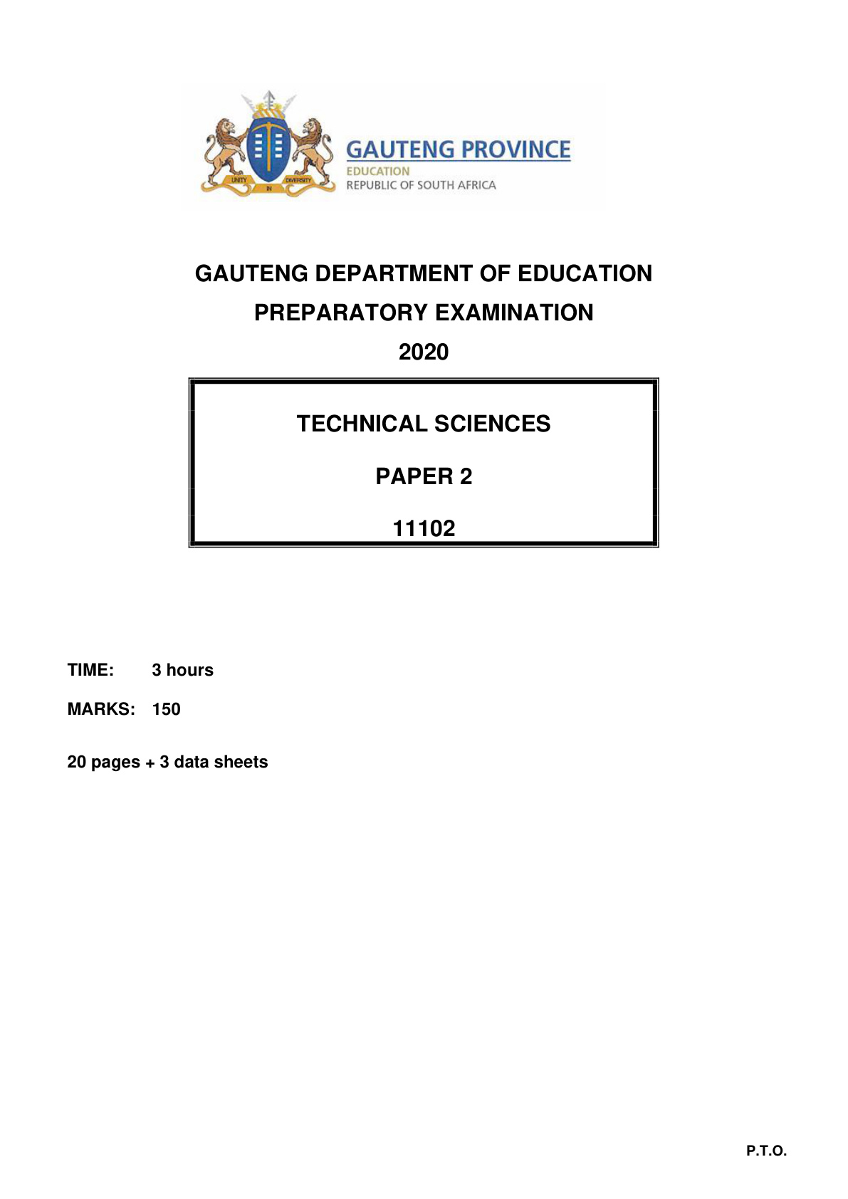 Technical Sciences Paper 2 (Gauteng) Preparatory 2020 Grade 12 DBE