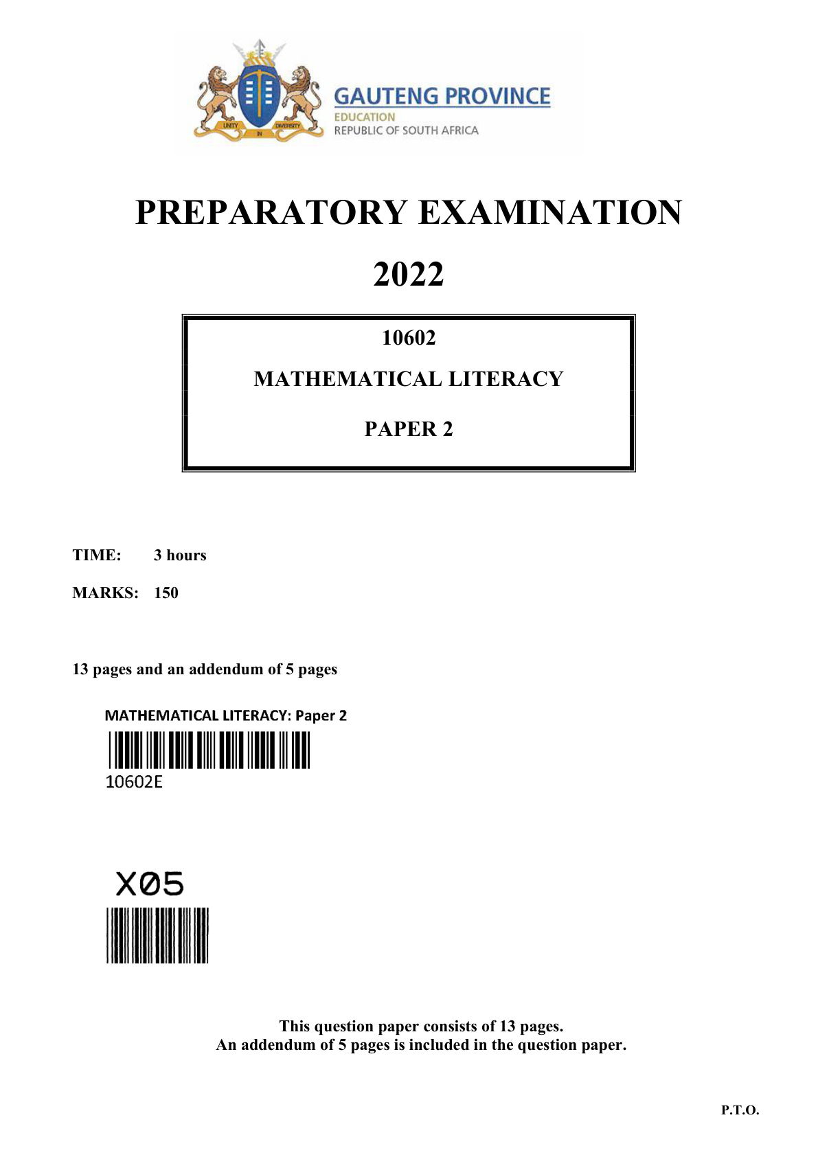 Mathematical Literacy Paper 2 (Gauteng) Preparatory 2022 Grade 12 DBE