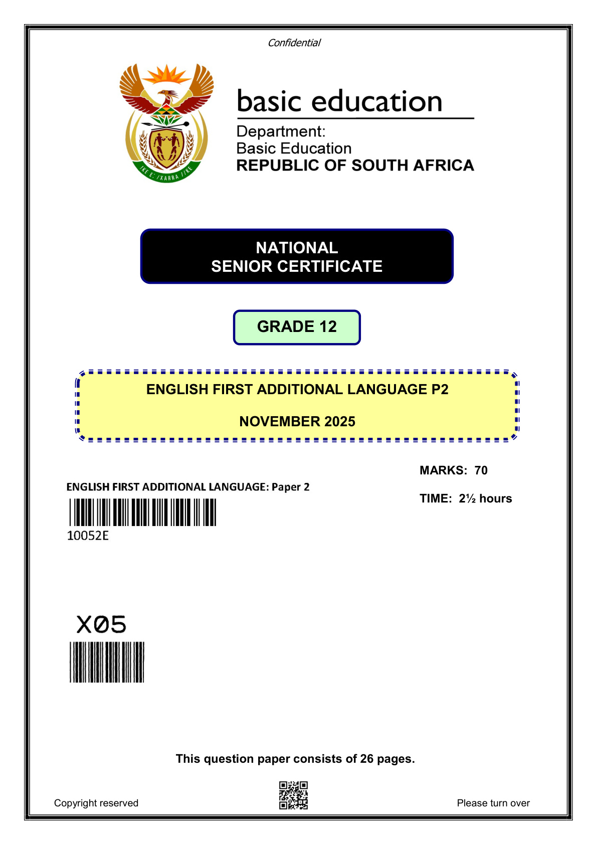 English First Additional Language Paper 2 (Gauteng) November 2025 Grade 12 DBE
