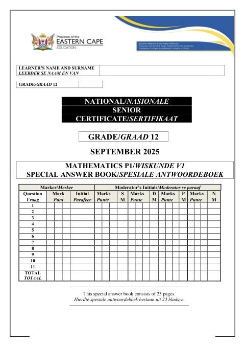 Mathematics Grade 12 DBE Caps September 2025 Paper 1 - Answer Book (Eastern Cape)