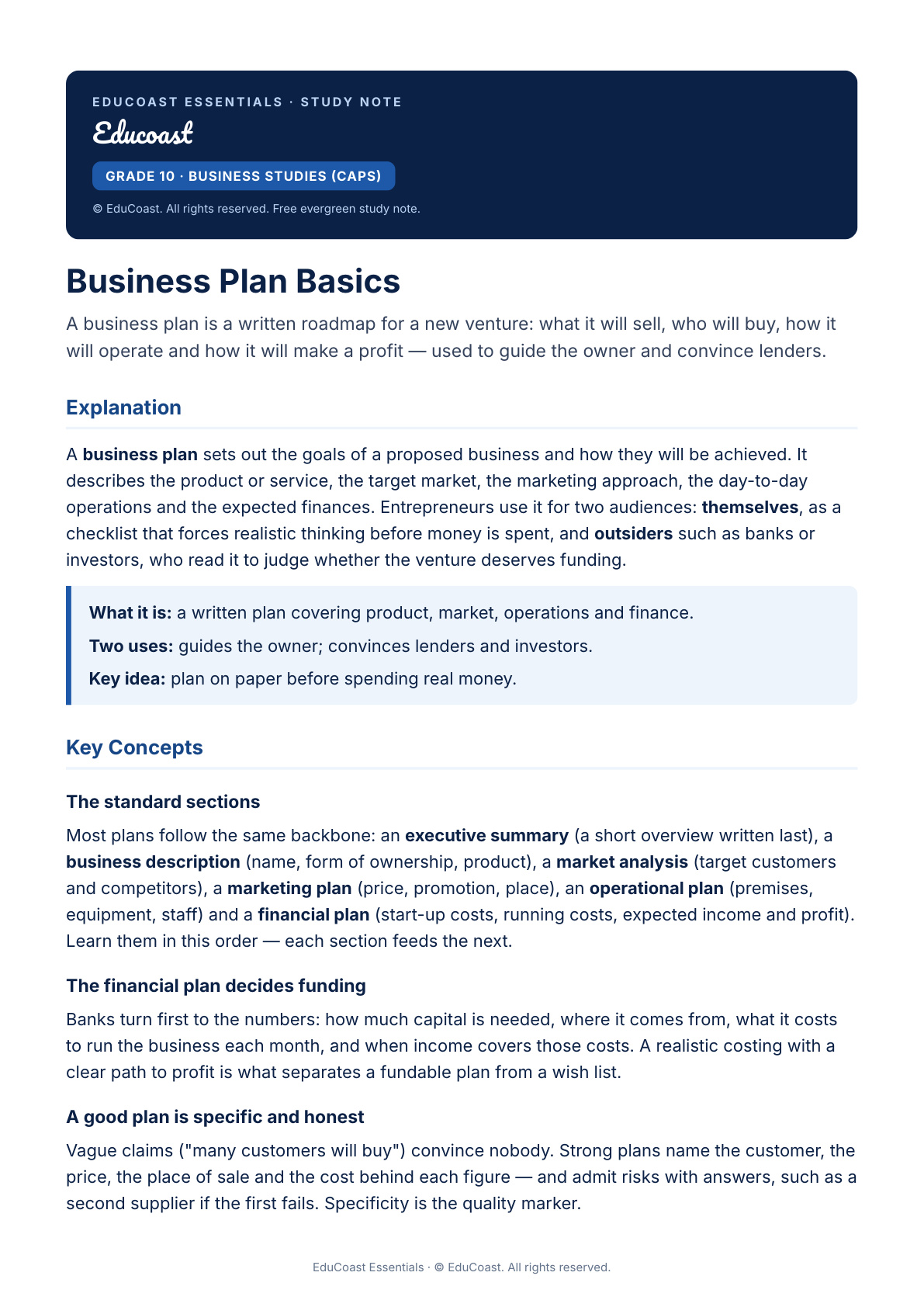 Business Plan — Grade 10 Business Studies (CAPS)
