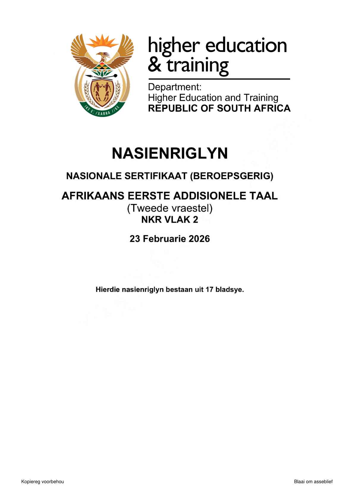 Afrikaans Eerste Addisionele Taal Level 2 Dhet NCV 2026 - Memo