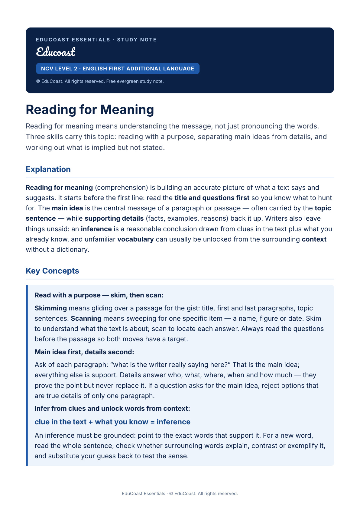 Reading For Meaning — NCV Level 2 English First Additional Language