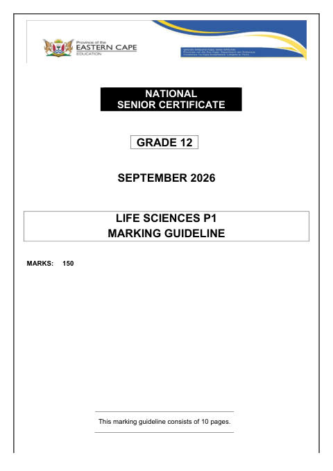 Life Sciences Grade 12 DBE Caps September 2026 Paper 1 - Memo (Eastern Cape)