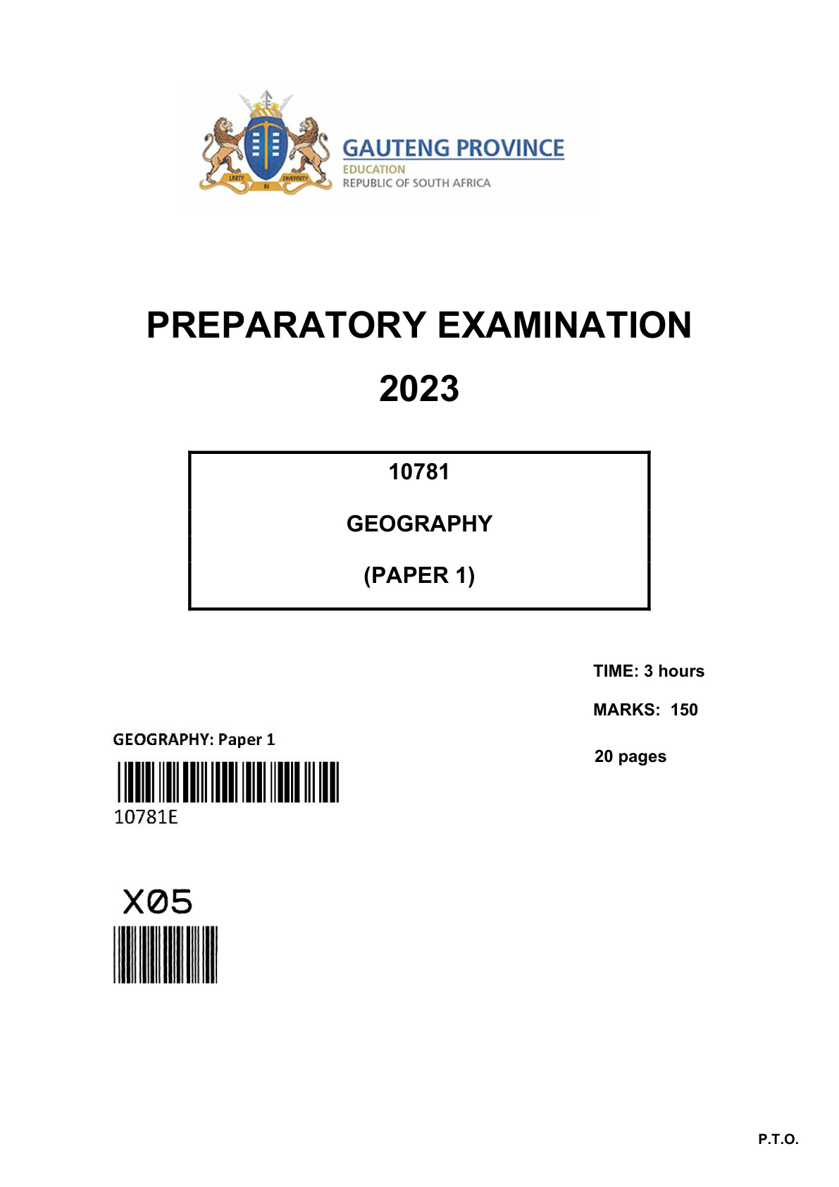 Geography Paper 1 (Gauteng) Preparatory 2023 Grade 12 DBE