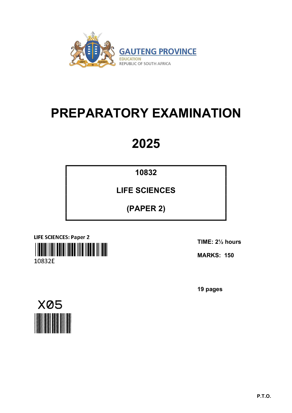 Life Sciences Paper 2 (Gauteng) Preparatory 2025 Grade 12 DBE