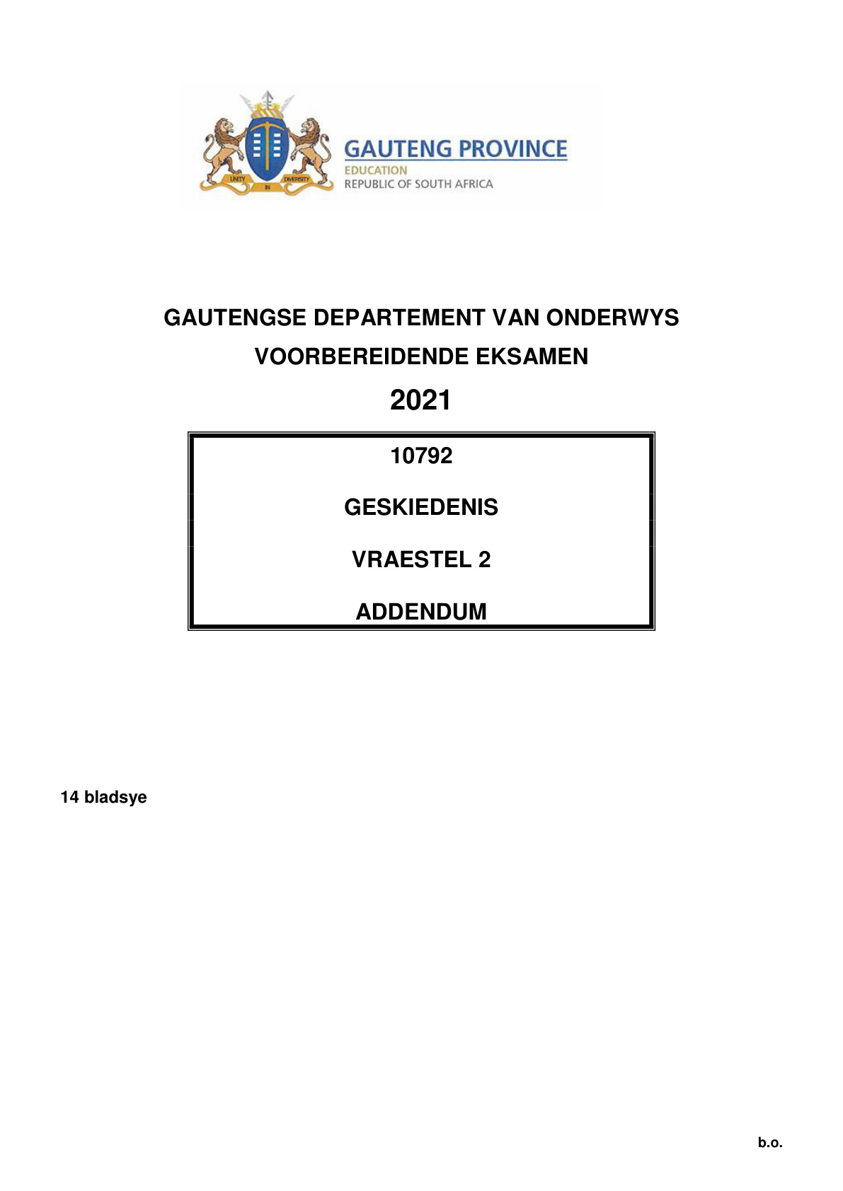 History Paper 2 Addendum (Gauteng) Preparatory 2021 Grade 12 DBE
