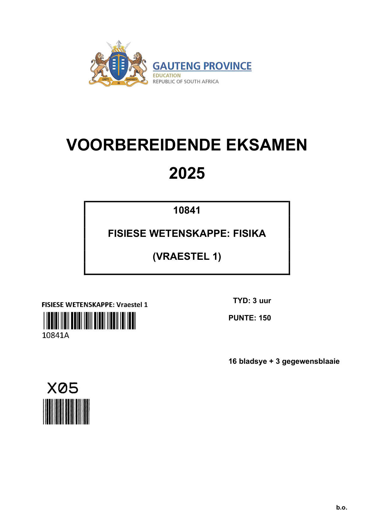 Physical Sciences Paper 1 (Gauteng) Preparatory 2025 Grade 12 DBE