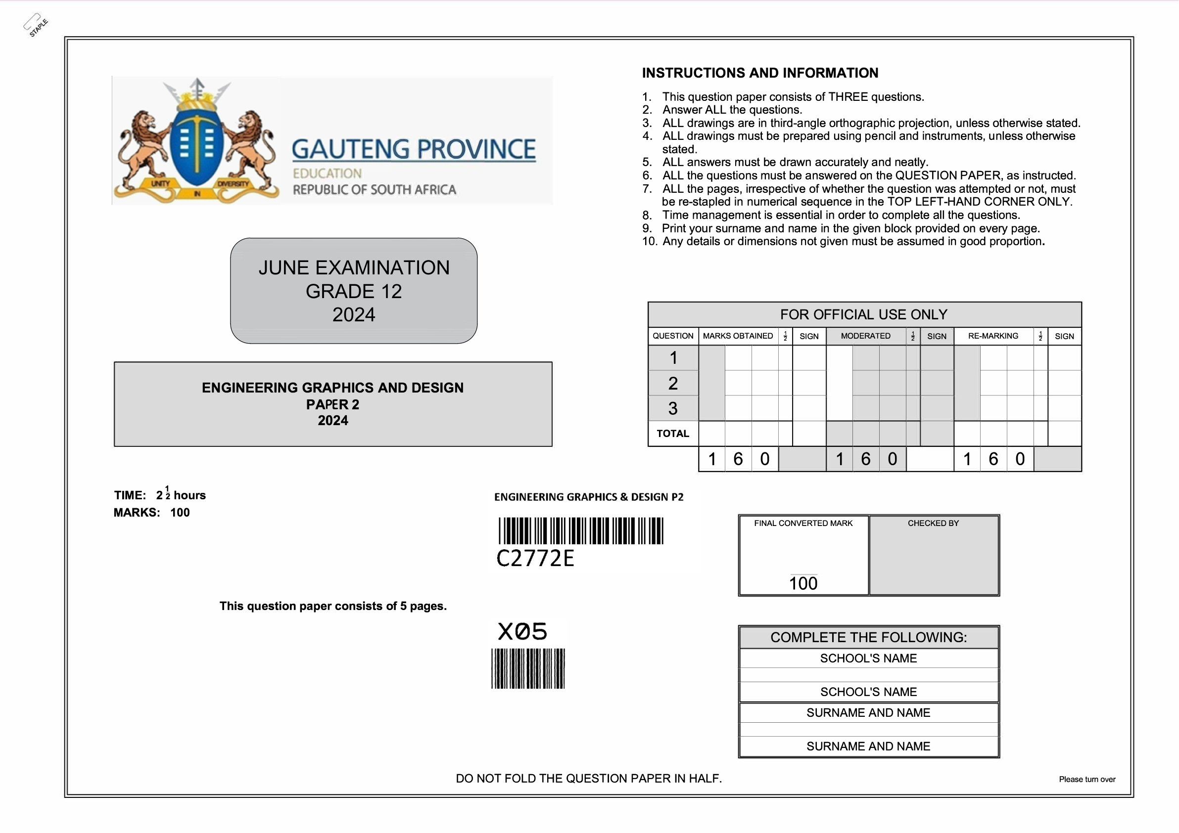 Engineering Graphics And Design Paper 2 (Gauteng) June 2024 Grade 12 DBE