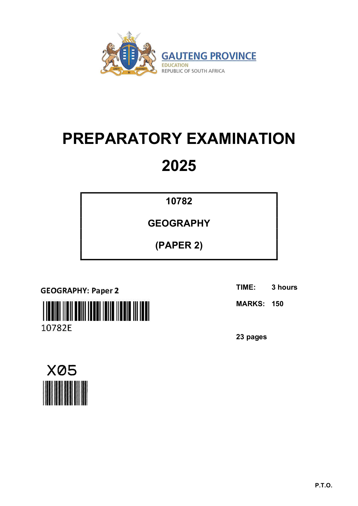 Geography Paper 2 (Gauteng) Preparatory 2025 Grade 12 DBE