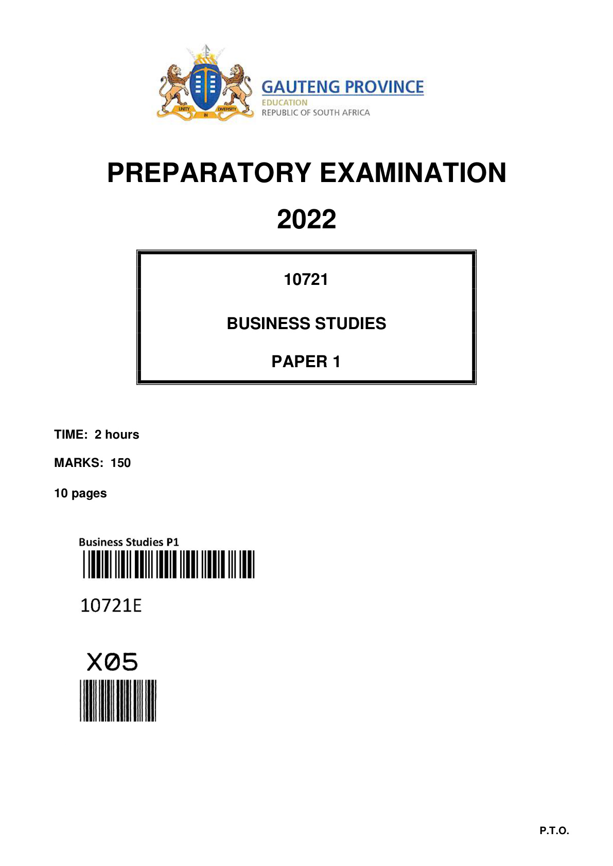 Business Studies Paper 1 (Gauteng) Preparatory 2022 Grade 12 DBE