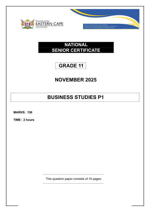 Business Studies Grade 11 DBE Caps November 2025 Paper 1 - Question Paper (Eastern Cape)