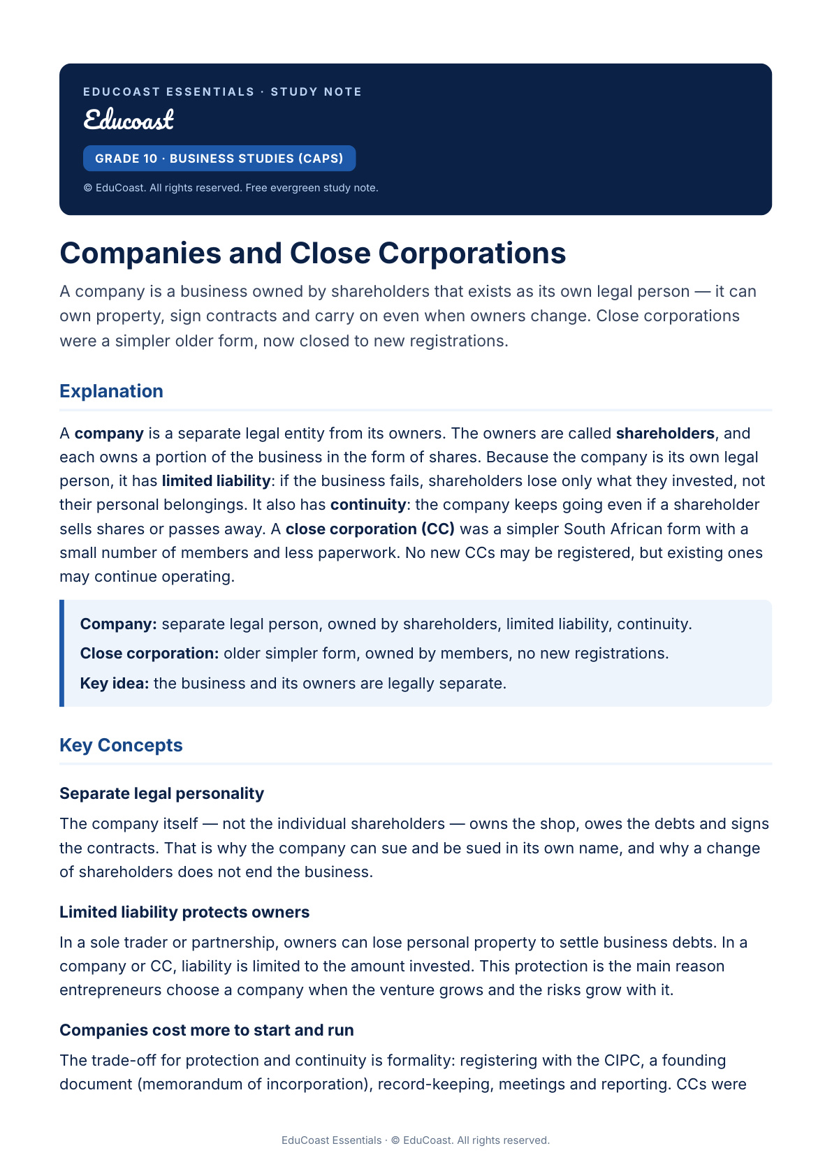Companies — Grade 10 Business Studies (CAPS)
