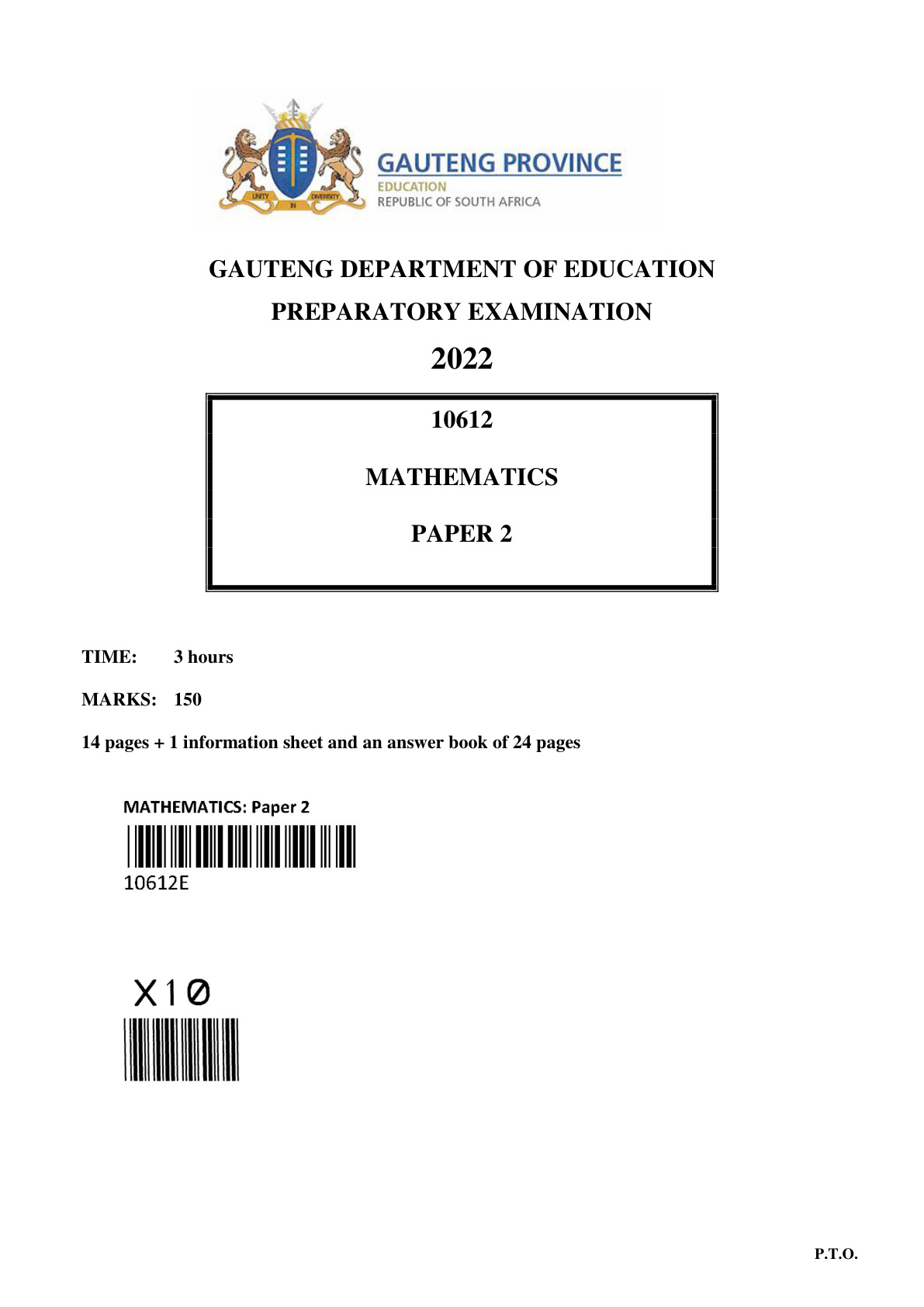 Mathematics Paper 2 (Gauteng) Preparatory 2022 Grade 12 DBE