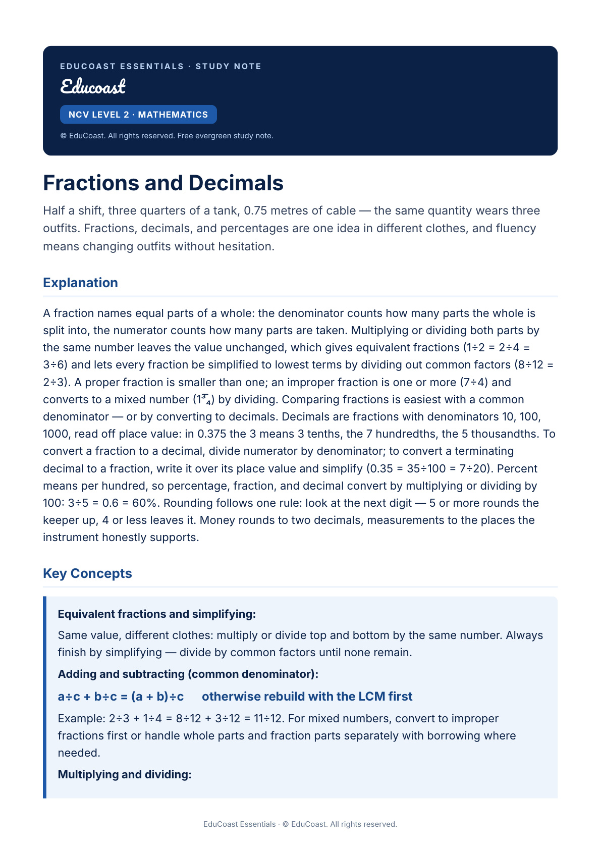 Fractions And Decimals — NCV Level 2 Mathematics