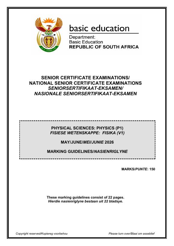 Physical Sciences Grade 12 DBE Caps May 2026 Paper 1 - Memo
