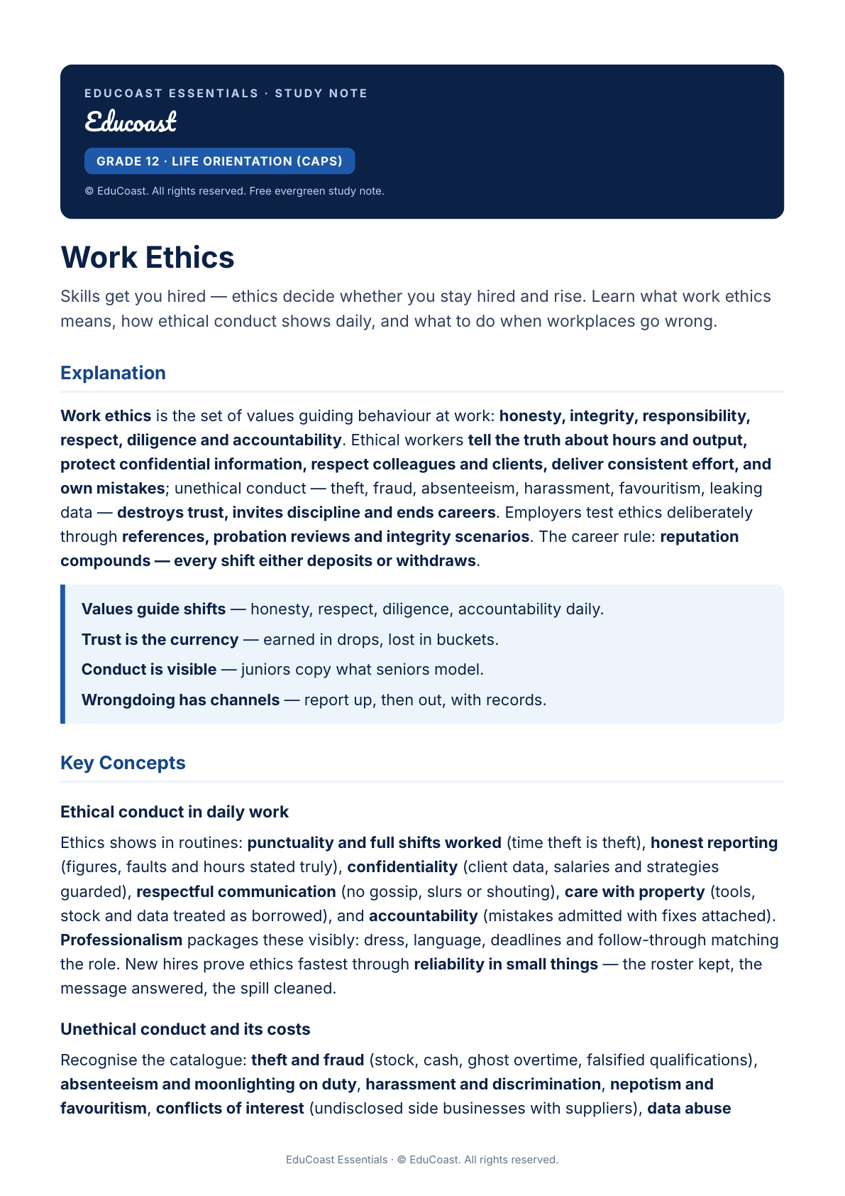 Work Ethics — Grade 12 Life Orientation (CAPS)