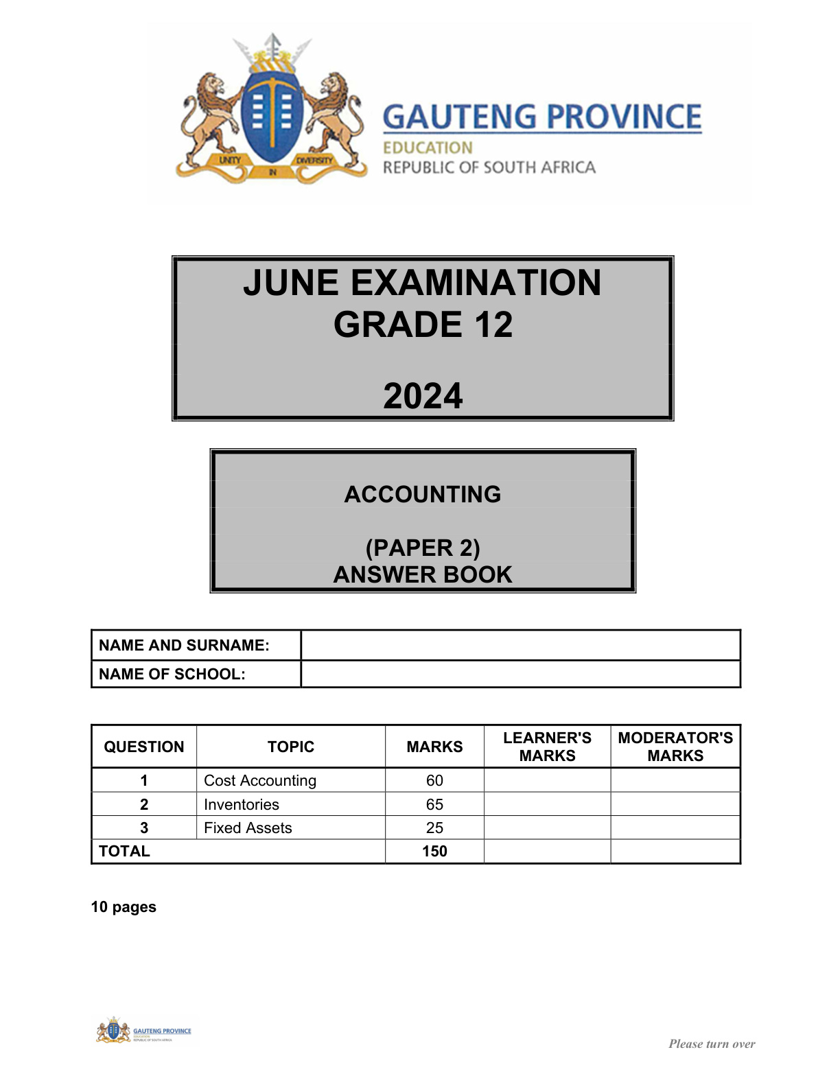 Accounting Paper 2 Answer Book (Gauteng) June 2024 Grade 12 DBE