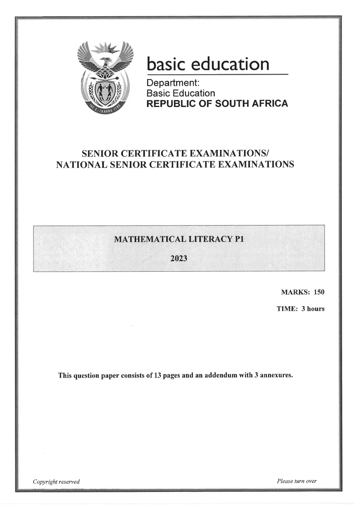 Mathematical Literacy Paper 1 (Gauteng) June 2023 Grade 12 DBE