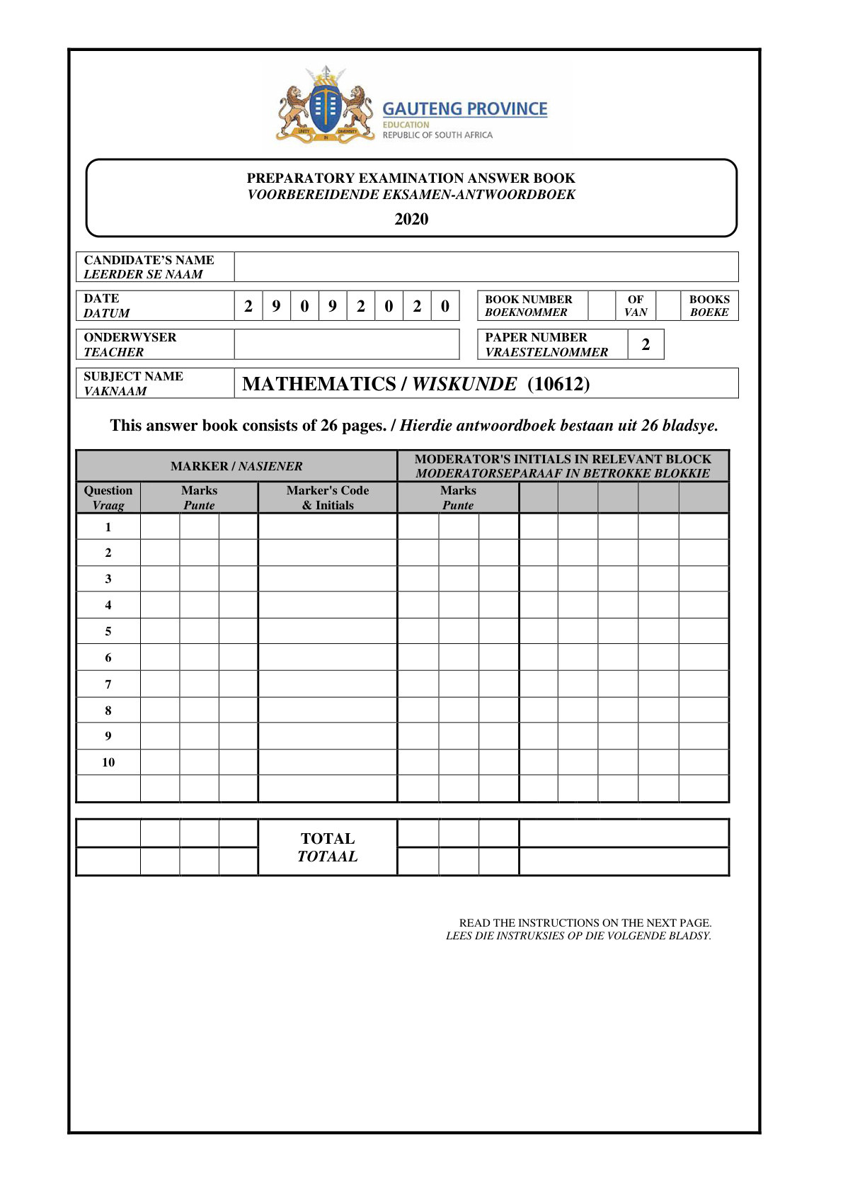 Mathematics Paper 2 Answer Book (Gauteng) Preparatory 2020 Grade 12 DBE