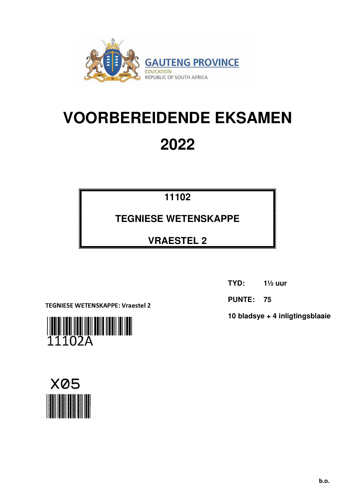 Technical Sciences Paper 2 (Gauteng) Preparatory 2022 Grade 12 DBE
