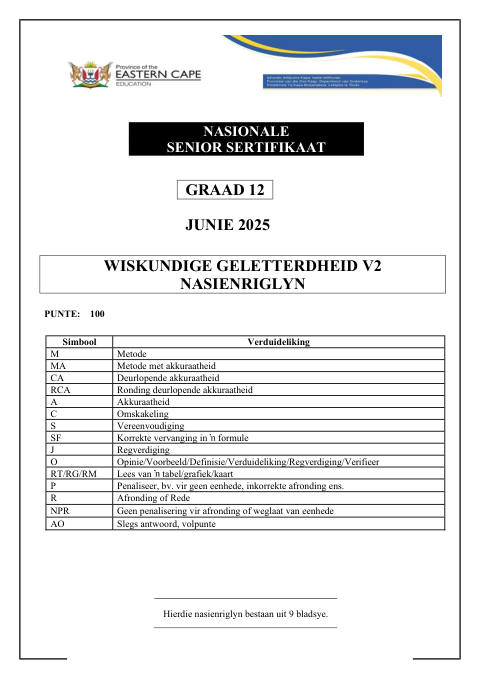 Mathematical Literacy Grade 12 DBE Caps May/June 2025 Paper 2 - Memo (Eastern Cape)