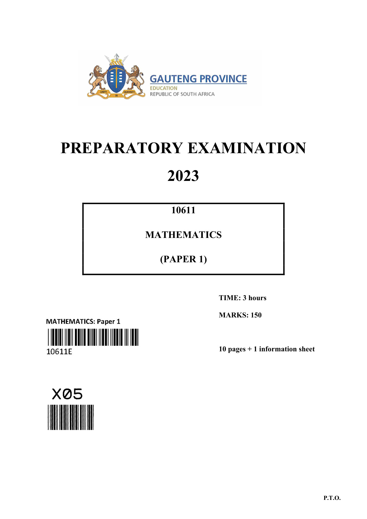 Mathematics Paper 1 (Gauteng) Preparatory 2023 Grade 12 DBE