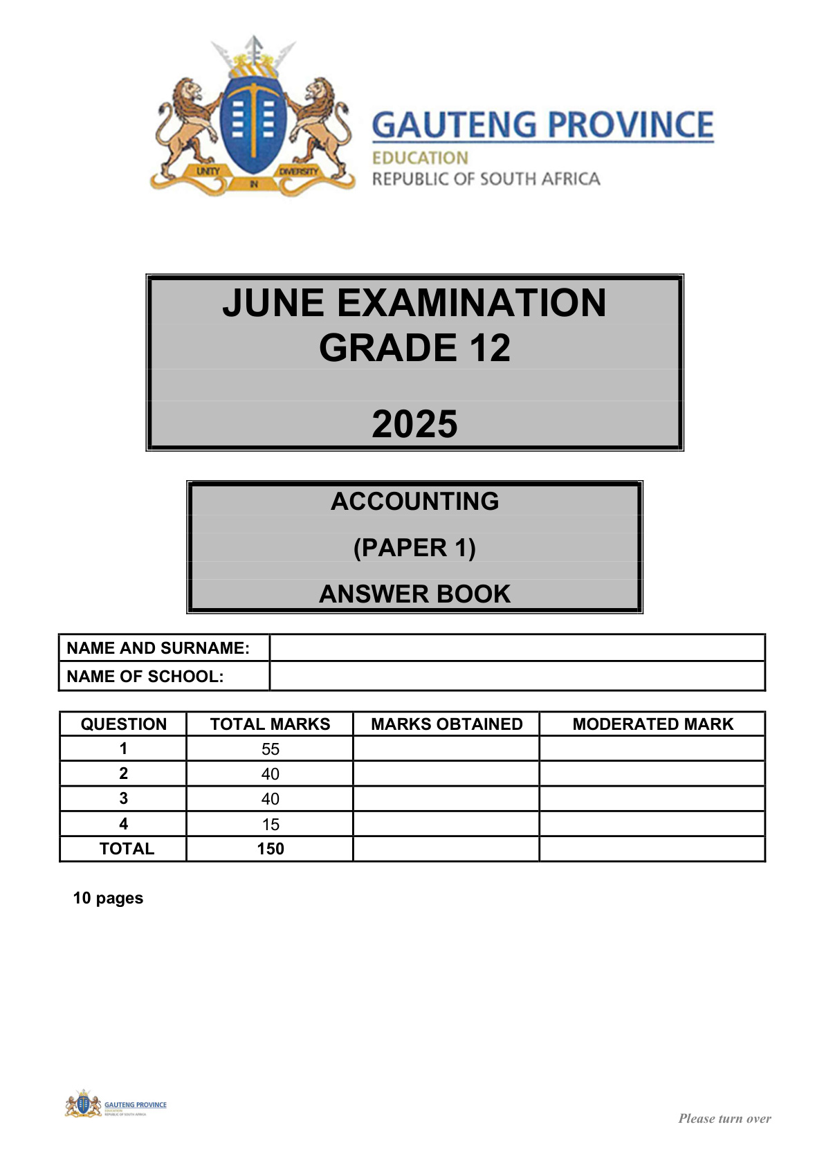 Accounting Paper 1 Answer Book (Gauteng) June 2025 Grade 12 DBE
