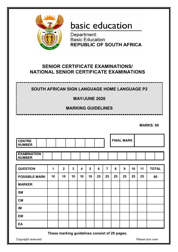 South African Sign Language Home Language Grade 12 DBE CAPS May 2026 Paper 2 - Memo
