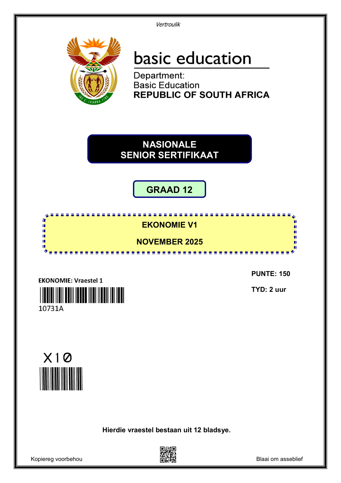 Economics Paper 1 (Gauteng) November 2025 Grade 12 DBE