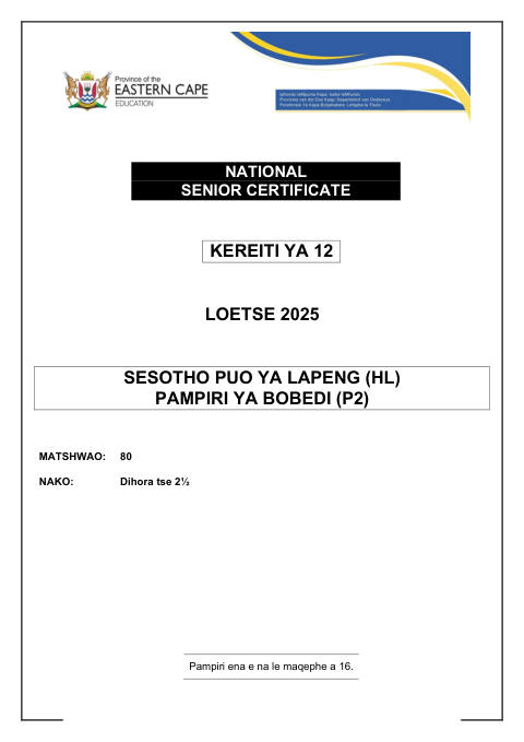 Sesotho First Additional Language Grade 12 DBE Caps September 2025 Paper 2 - Question Paper (Eastern Cape)