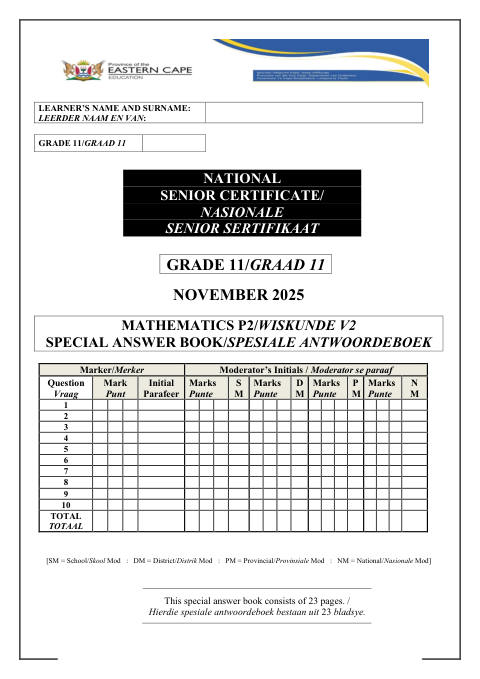 Mathematics Grade 11 DBE Caps November 2025 Paper 2 - Answer Book (Eastern Cape)