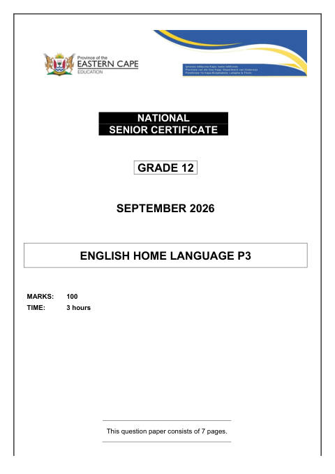 English Home Language Grade 12 DBE Caps September 2026 Paper 3 - Question Paper (Eastern Cape)