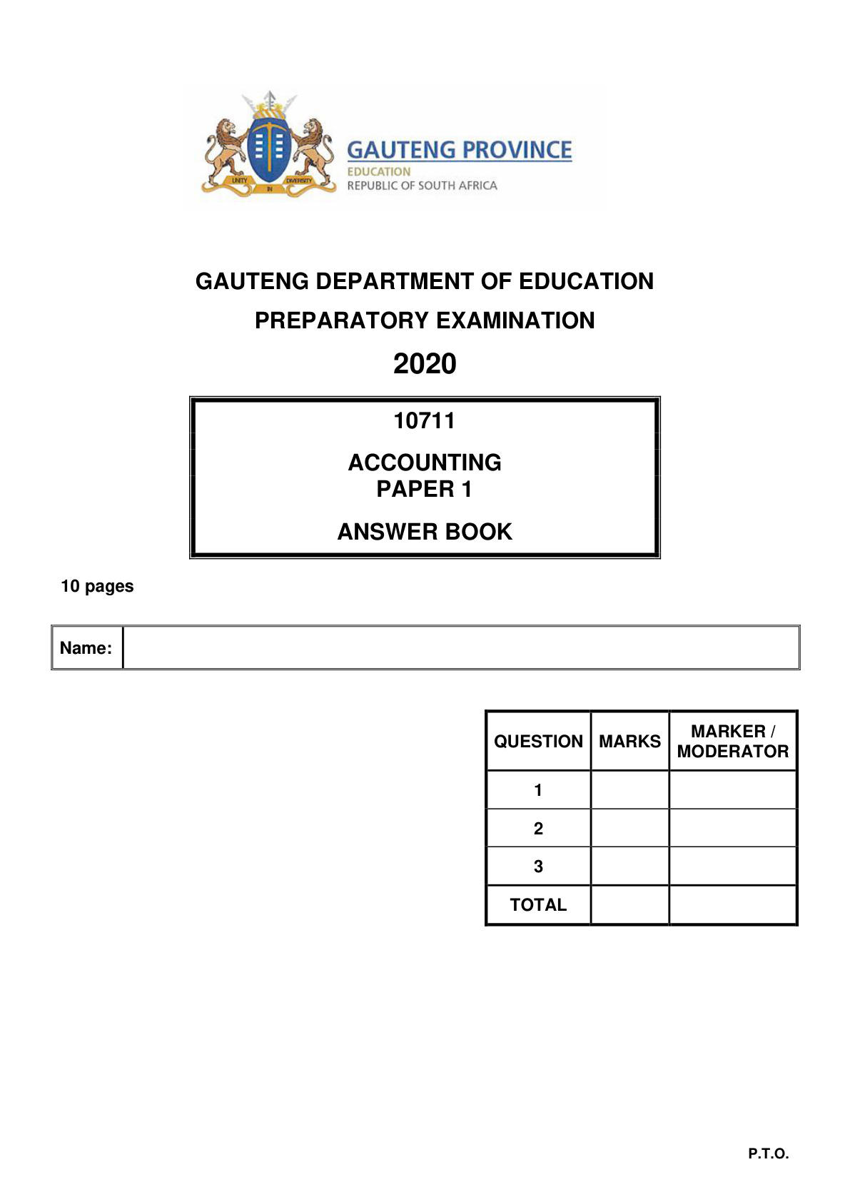 Accounting Paper 1 Answer Book (Gauteng) Preparatory 2020 Grade 12 DBE
