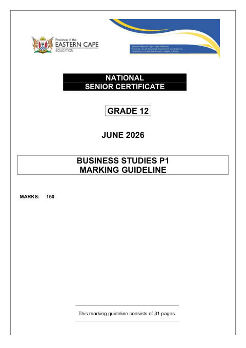 Business Studies Grade 12 DBE Caps May/June 2026 Paper 1 - Memo (Eastern Cape)