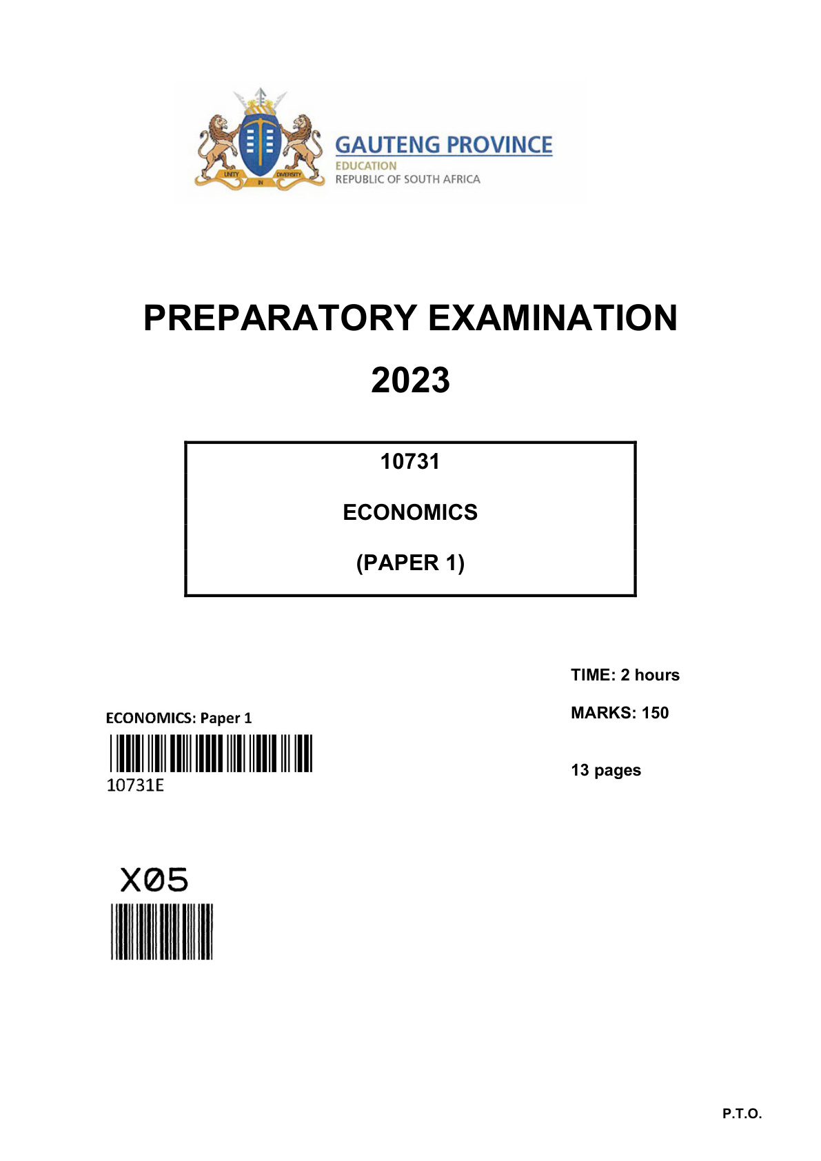 Economics Paper 1 (Gauteng) Preparatory 2023 Grade 12 DBE