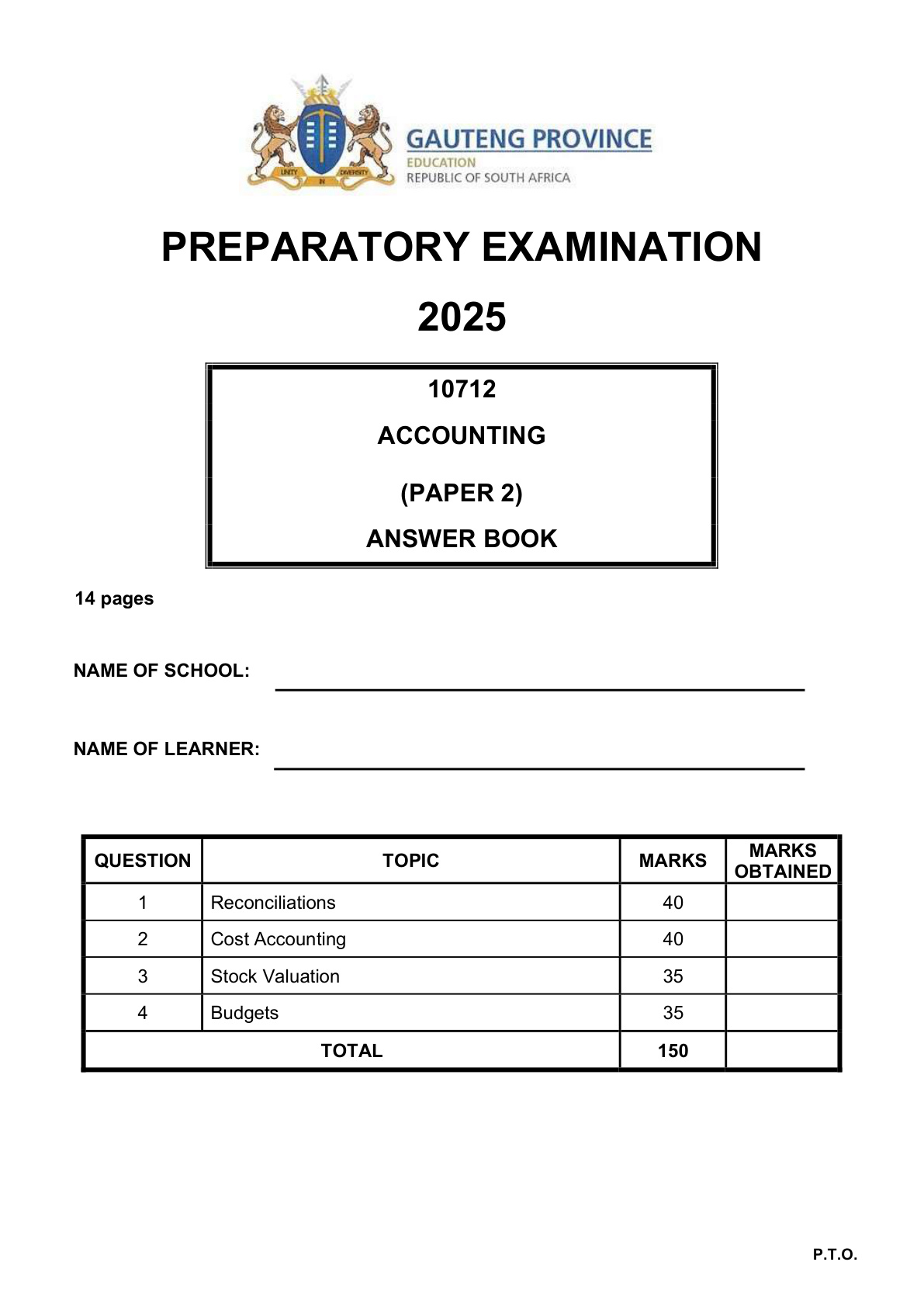 Accounting Paper 2 Answer Book (Gauteng) Preparatory 2025 Grade 12 DBE