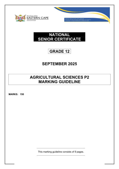 Agricultural Sciences Grade 12 DBE Caps September 2025 Paper 2 - Memo (Eastern Cape)