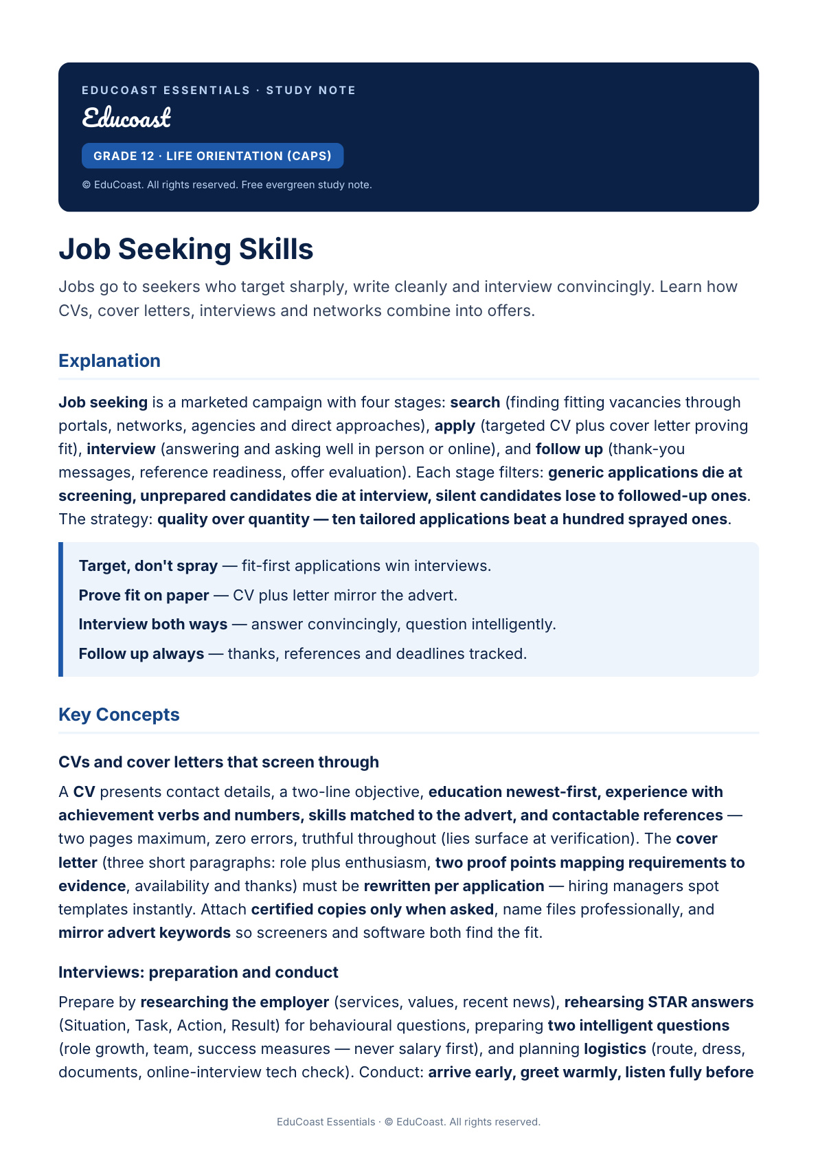 Job Seeking — Grade 12 Life Orientation (CAPS)