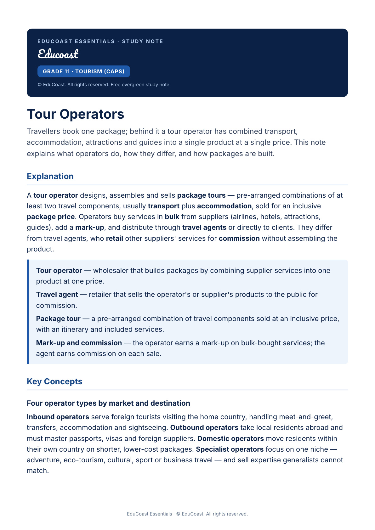 Tour Operators — Grade 11 Tourism (Caps)
